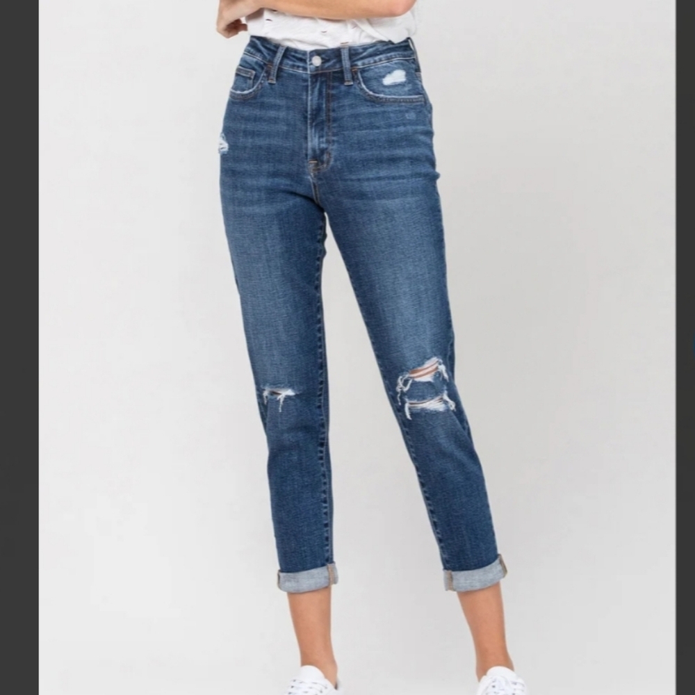 Vervet Lock Yard Super High Rise Stretch Mom Jeans Size 27 Distressed Blue